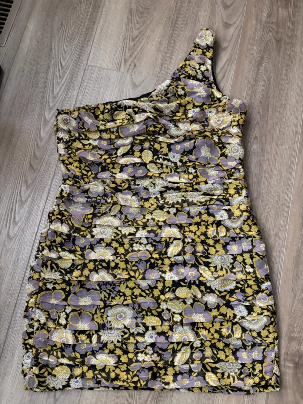 Zara One-Shoulder Floral Dress in Black, Gold & Lavender